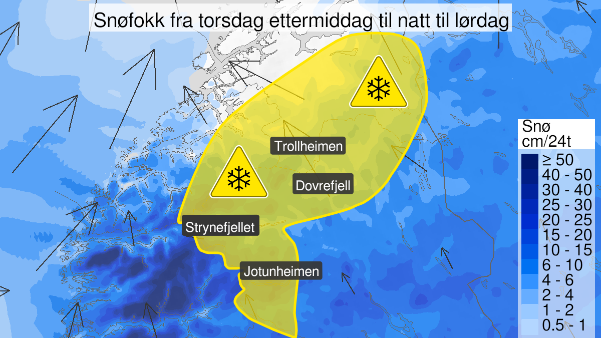 Map over Blowing snow, yellow level, Parts of Møre og Romsdal, Trøndelag and Innlandet, 2023-03-16T14:00:00+00:00, 2023-03-18T00:00:00+00:00