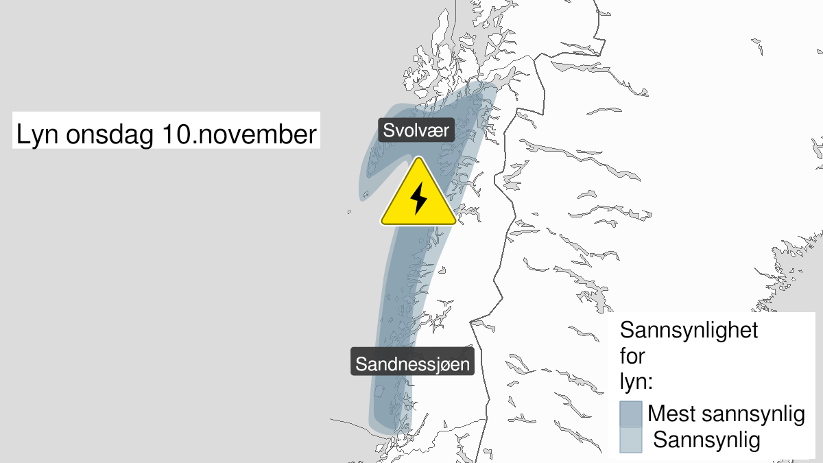 Kart over mye lyn, gult nivå, Helgeland, Salten, Ofoten og Lofoten, 09 November 22:00 UTC til 10 November 22:00 UTC.