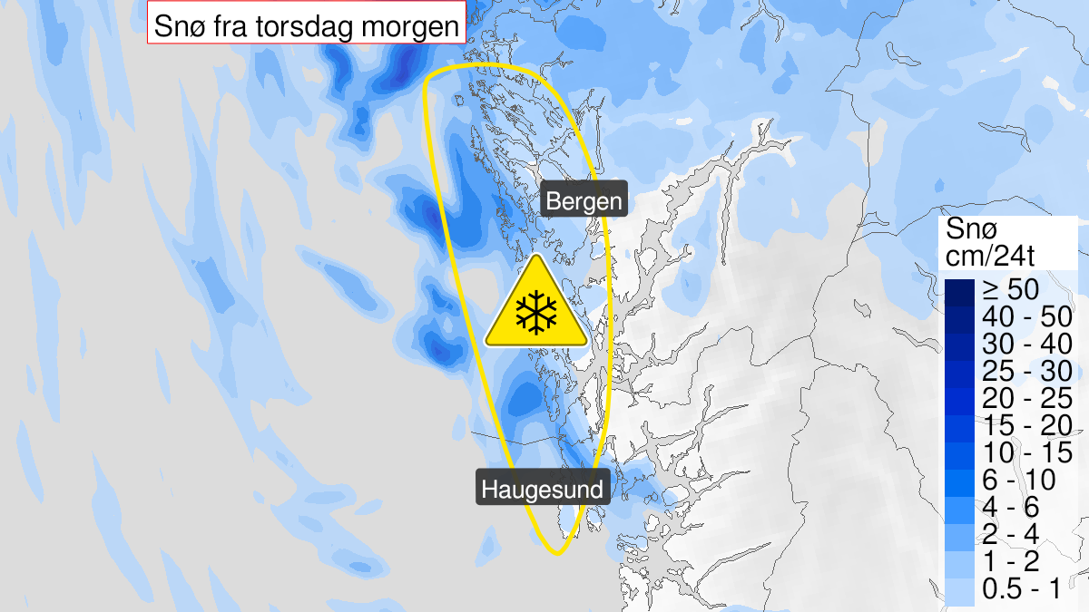 Kart over Snø, gult nivå, Ytre deler av Hordaland og nordlige Rogaland, 2022-12-08T03:00:00+00:00, 2022-12-09T06:00:00+00:00
