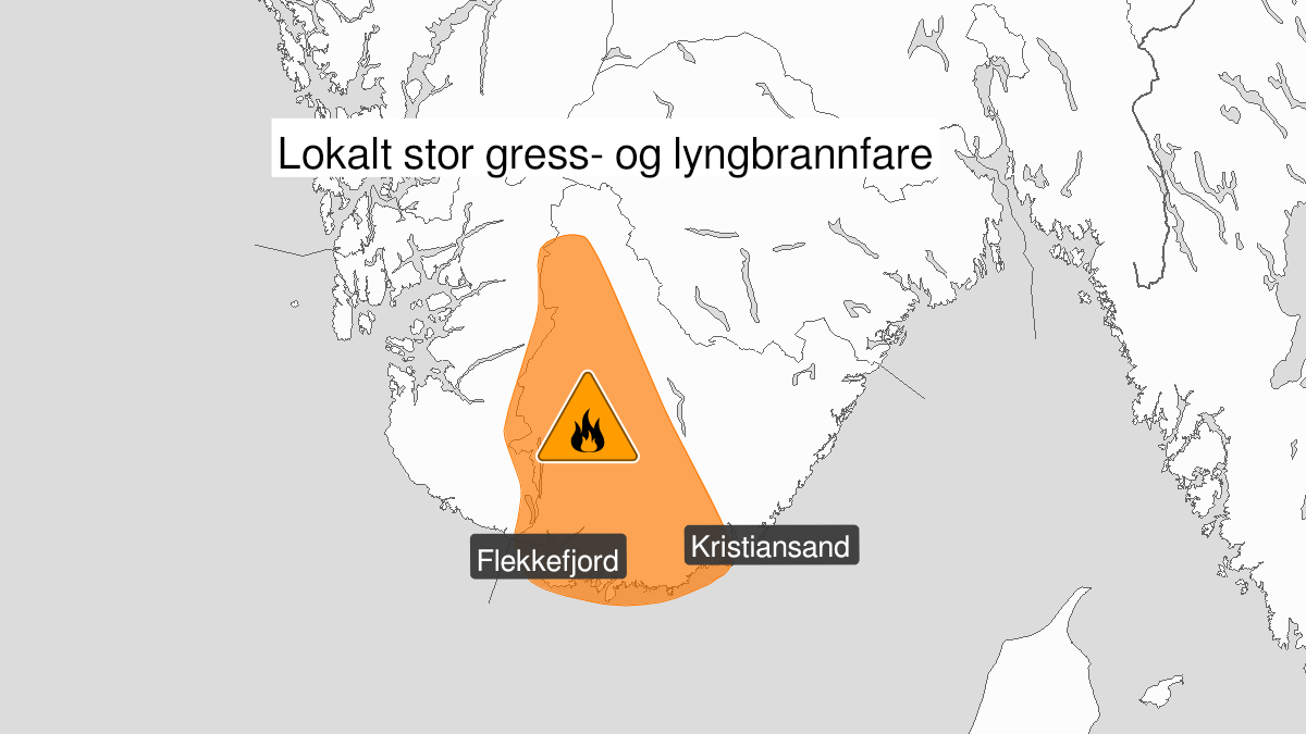 Kart over stor skogbrannfare, oransje nivå, Vest-Agder, 05 May 07:00 UTC til 06 May 11:00 UTC.