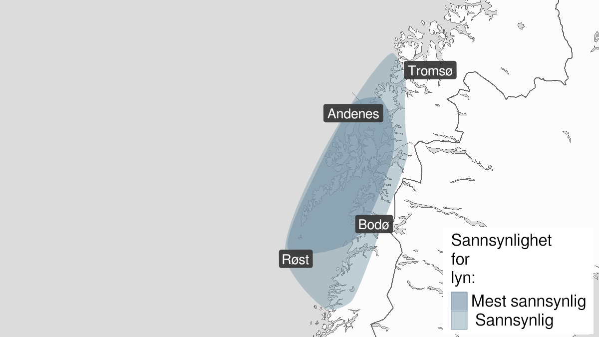 Kart over mye lyn, gult nivå, Saltfjellet, Salten, Ofoten, Lofoten, Vesterålen og Sør-Troms, 12 January 09:00 UTC til 13 January 09:00 UTC.