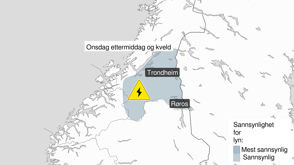 Kart over Mye lyn pågår, gult nivå, Deler av Trøndelag, 2023-08-23T14:00:00+00:00, 2023-08-23T20:00:00+00:00