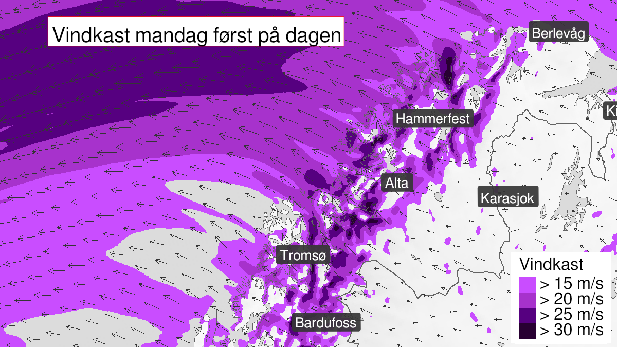 Kart over kraftige vindkast, gult nivå, Troms og Kyst- og Fjordstrøkene i Vest-Finnmark, 27 December 23:00 UTC til 28 December 13:00 UTC.