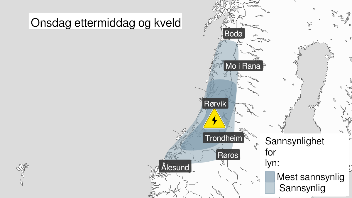 Kart over Mye lyn, gult nivå, Nordmøre, Trøndelag og deler av Nordland, 2022-08-03T11:00:00+00:00, 2022-08-03T21:00:00+00:00