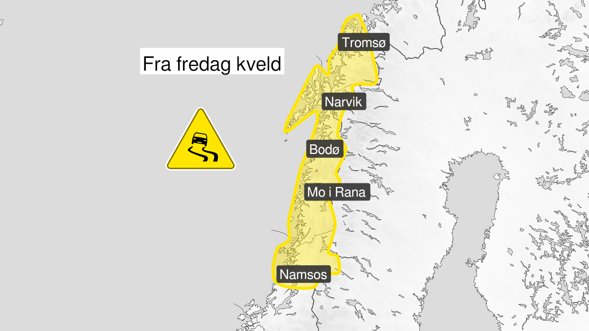 Kart over is, gult nivå, Helgeland, Nord-Trøndelag, Saltfjellet, Salten, Ofoten, Lofoten, Vesterålen, Sør-Troms og Nord-Troms, 21 January 20:00 UTC til 22 January 13:00 UTC.