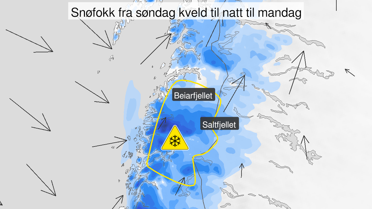 Map over Blowing snow, yellow level, Mountain passes in Nordland, 2024-02-25T19:00:00+00:00, 2024-02-26T00:00:00+00:00