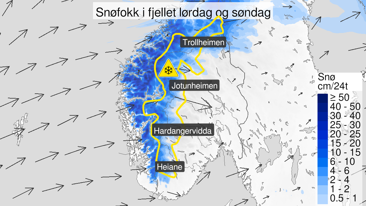 Kart over Kraftig snøfokk, gult nivå, Fjellet i Sør-Norge, 2023-01-28T02:00:00+00:00, 2023-01-29T23:00:00+00:00