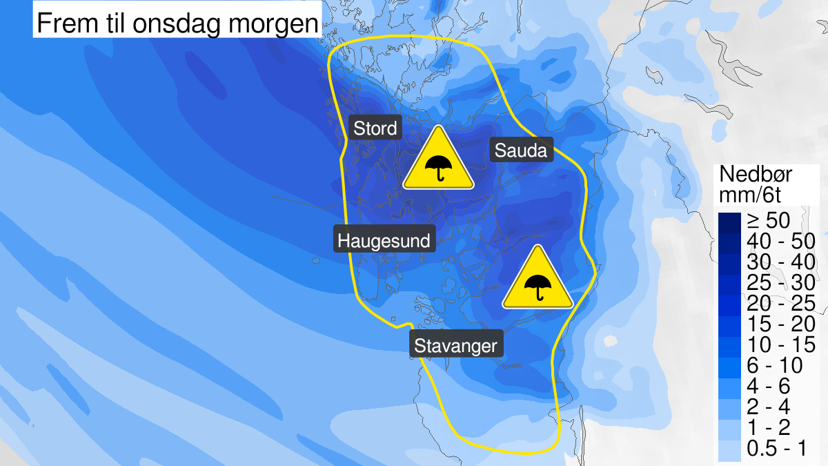 Kart over Mye regn, gult nivå, Deler av Rogaland og Hordaland, 2023-07-25T06:00:00+00:00, 2023-07-26T06:00:00+00:00