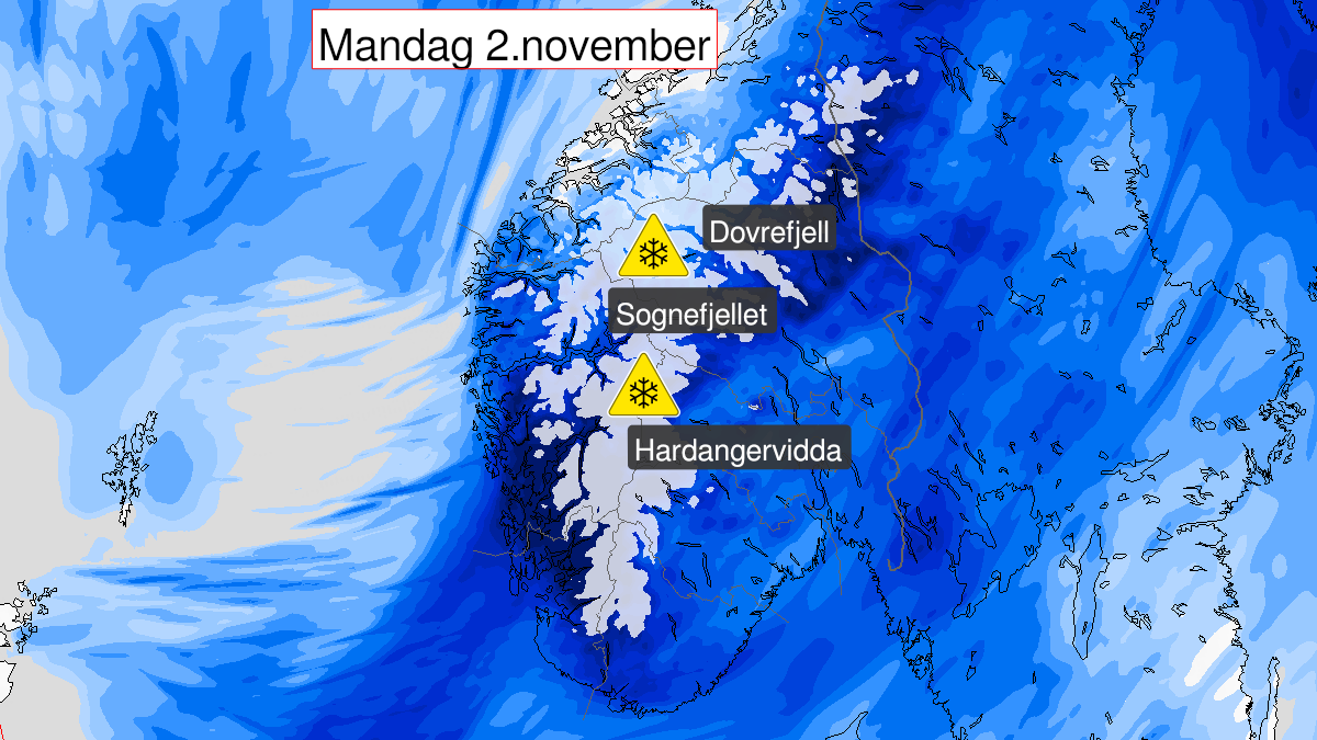 Kart over snø, gult nivå, Fjellet i Sør-Norge, 01 November 18:00 UTC til 02 November 23:00 UTC.
