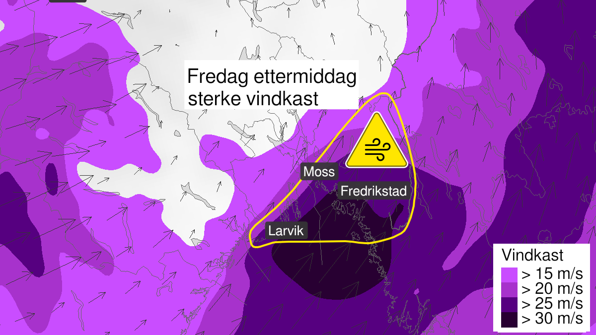 Kart over Kraftige vindkast, gult nivå, Østfold og ytre del av Vestfold, 2024-02-23T13:00:00+00:00, 2024-02-23T16:00:00+00:00