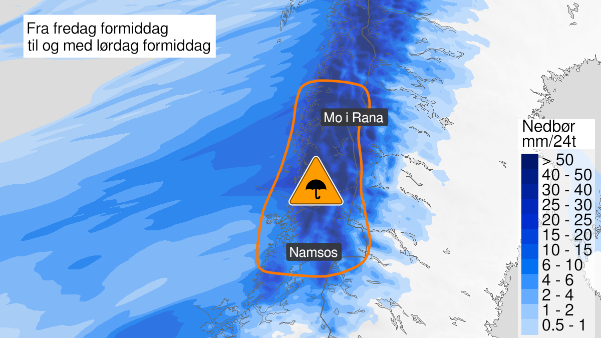 Kart over svært mye regn, oransje nivå, Nord-Trøndelag og Helgeland, 05 November 23:00 UTC til 07 November 08:00 UTC.