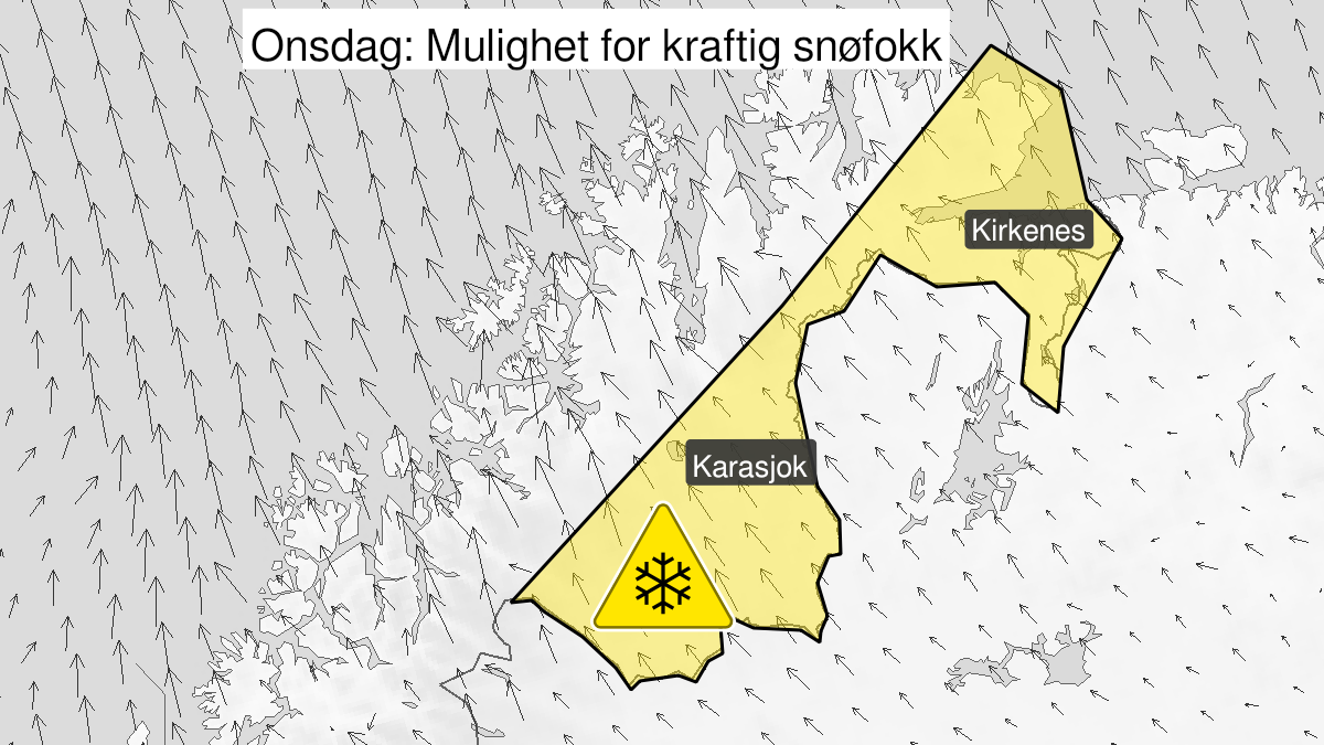 Map over Blowing snow, yellow level, Finnmarksvidda and parts of East-Finnmark, 2023-11-21T23:00:00+00:00, 2023-11-22T23:00:00+00:00