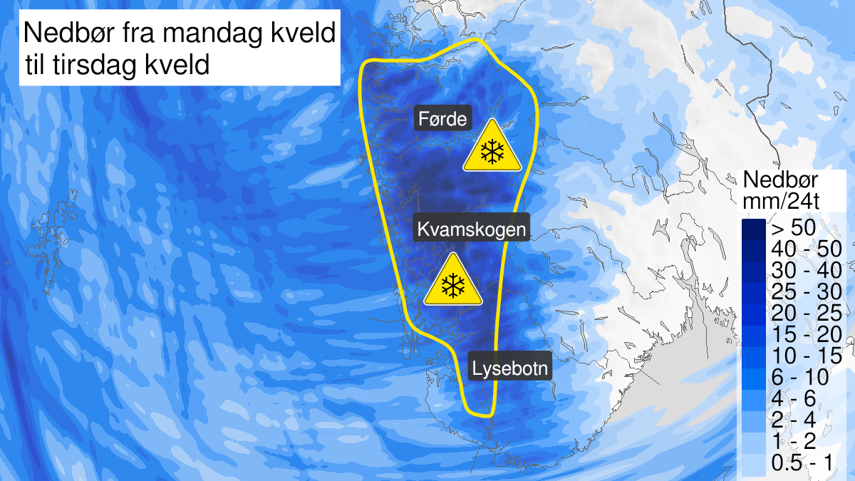 Map of snow, yellow level, Gjesdal, Sauda, Suldal, Hjelmeland, Strand, Forsand, Bjerkreim, Lund and Vestland fylke, 03 January 18:00 UTC to 04 January 23:00 UTC.