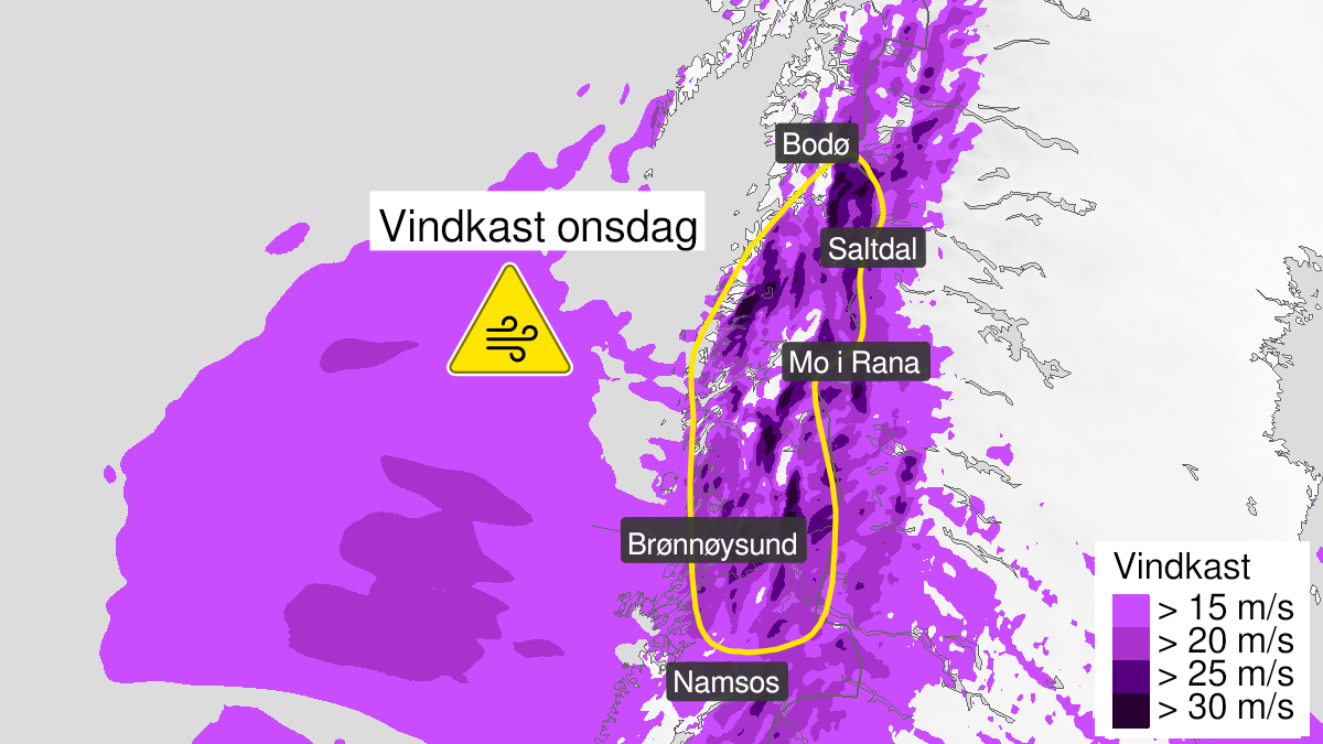 Kart over Kraftige vindkast, gult nivå, Deler av Nordland og Trøndelag, 2023-08-08T23:00:00+00:00, 2023-08-09T16:00:00+00:00