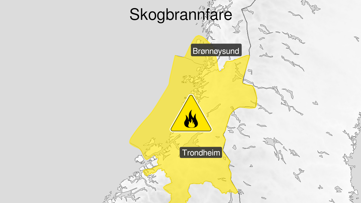 Map over Forest fire danger, yellow level, Trøndelag and southern part of Helgelandskysten, 2024-05-30T08:50:00+00:00, 2024-06-03T05:00:00+00:00