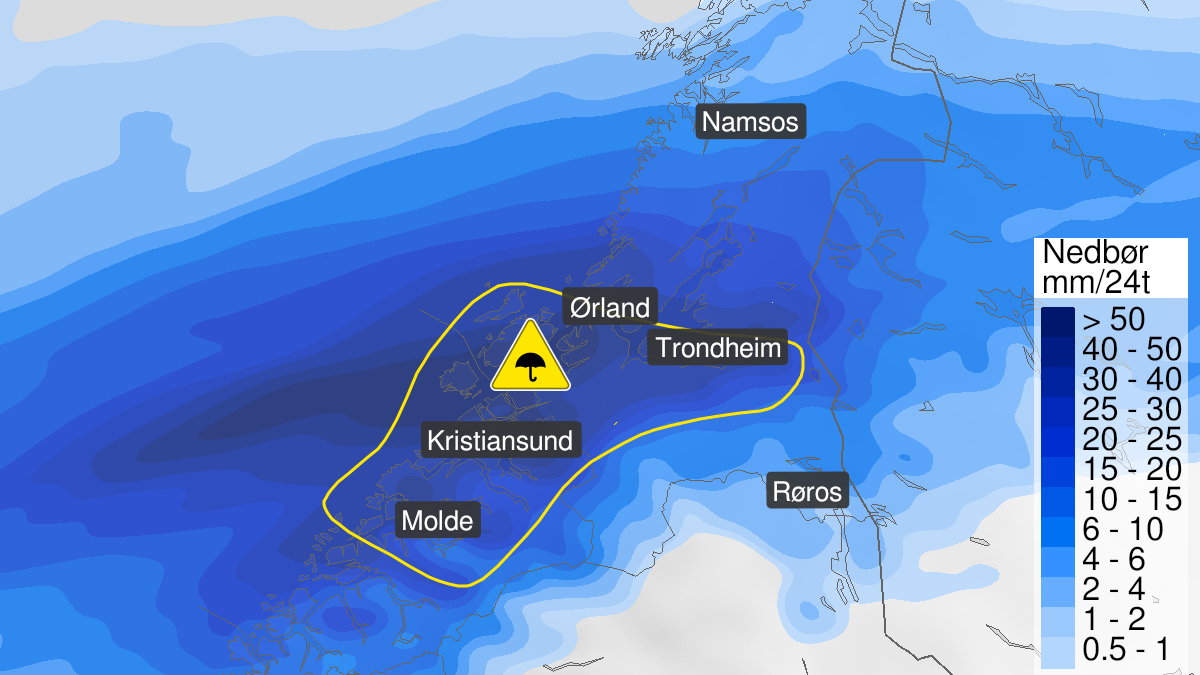Kart over mye regn, gult nivå, Romsdal og Nordmøre og Trøndelag sør for Trondheimsfjorden, 08 September 10:00 UTC til 09 September 10:00 UTC.