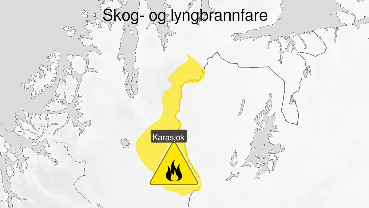 Map over Forest fire danger, yellow level, parts of Karasjok and Tana municipalities, 2024-08-20T15:00:00+00:00, 2024-08-24T18:00:00+00:00