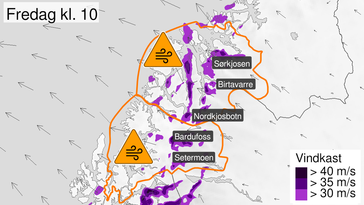 Map of very strong wind gusts, orange level, Troms, 04 February 02:00 UTC to 04 February 15:00 UTC.