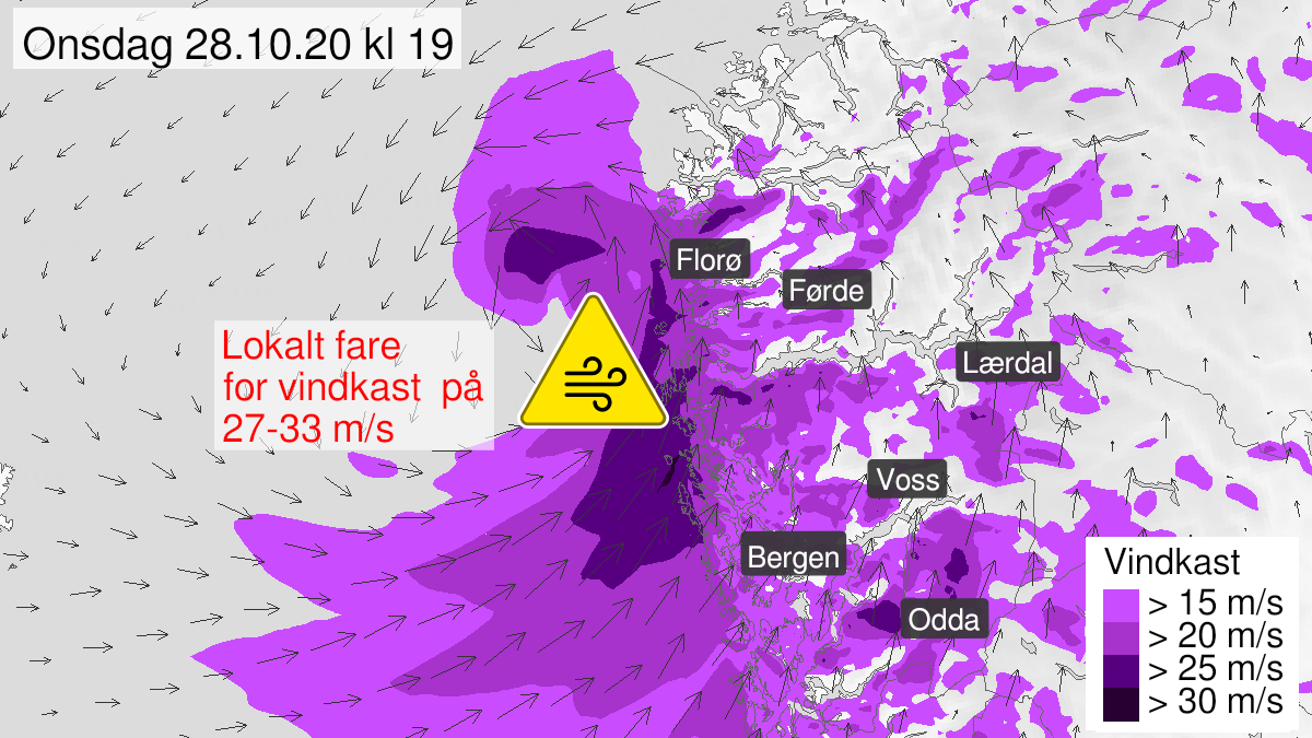 Map of strong wind gusts, yellow level, Ytre Sogn, 28 October 13:00 UTC to 28 October 20:00 UTC.