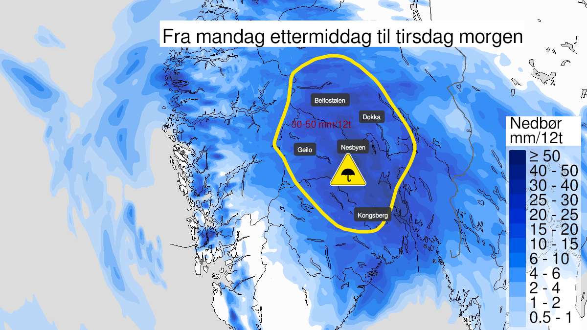 Kart over Mye regn, gult nivå, Deler av Østlandet, 2023-07-24T14:00:00+00:00, 2023-07-25T06:00:00+00:00