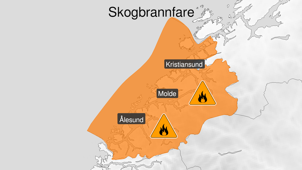 Kart over Stor skogbrannfare, oransje nivå, Møre og Romsdal, 2024-05-19T15:00:00+00:00, 2024-05-28T03:00:00+00:00