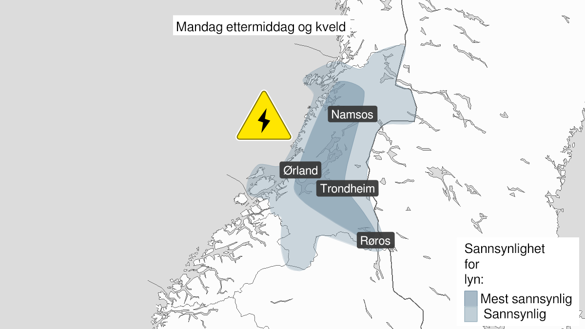Map over Frequent lightning, yellow level, Trøndelag, 2022-06-27T14:00:00+00:00, 2022-06-27T22:00:00+00:00
