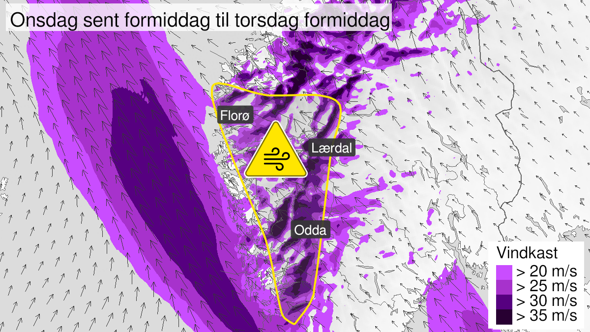Kart over kraftige vindkast, gult nivå, Vestlandet sør for Stad, 10 March 10:00 UTC til 11 March 10:00 UTC.