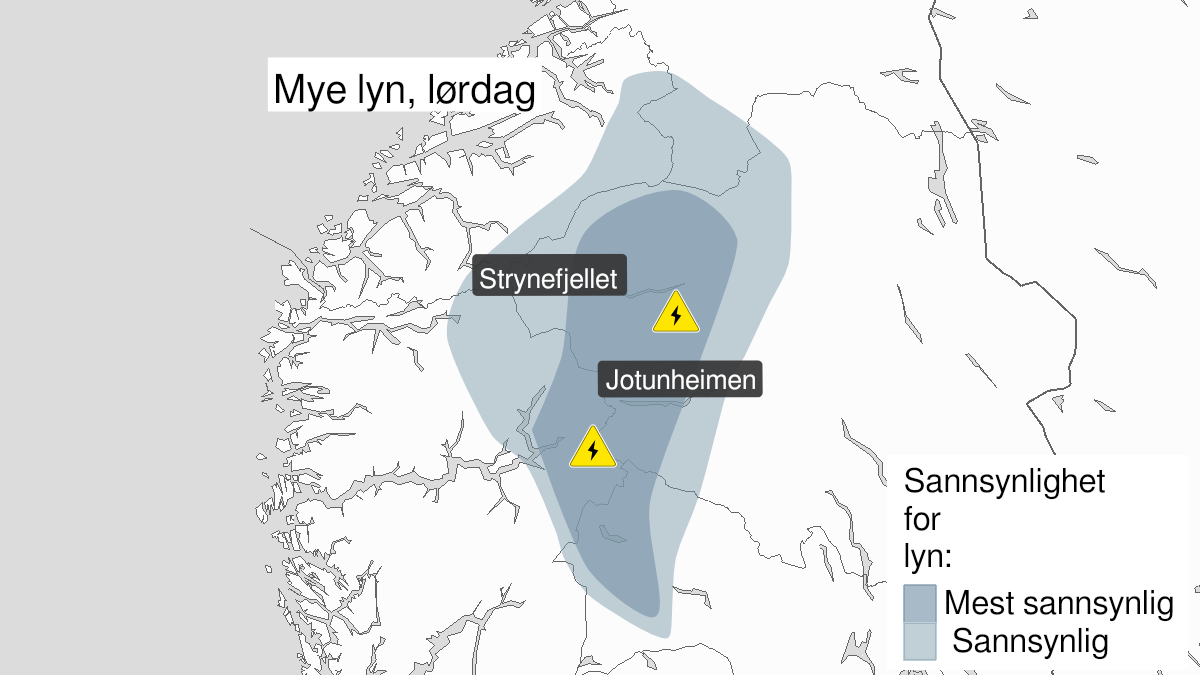 Kart over Mye lyn pågår, gult nivå, Deler av fjellet i Sør-Norge, 2022-07-23T14:45:00+00:00, 2022-07-23T22:00:00+00:00