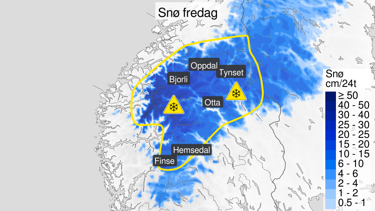 Kart over Snø, gult nivå, Nordlige fjelltrakter i Sør-Norge, 2023-10-06T03:00:00+00:00, 2023-10-06T20:00:00+00:00