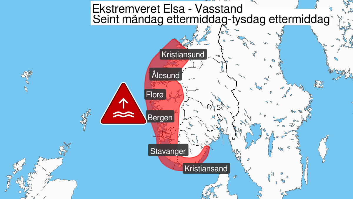 Extreme weather Elsa: Extremely high water level, red level, Vestlandet south of Stad, 10 February 22:00 UTC to 11 February 02:00 UTC.