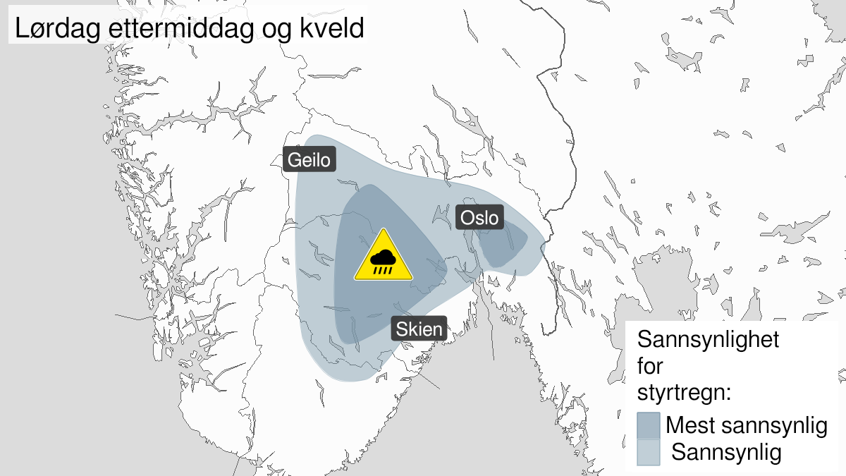 Kart over Nedgradert varsel for styrtregn, Deler av Østafjells