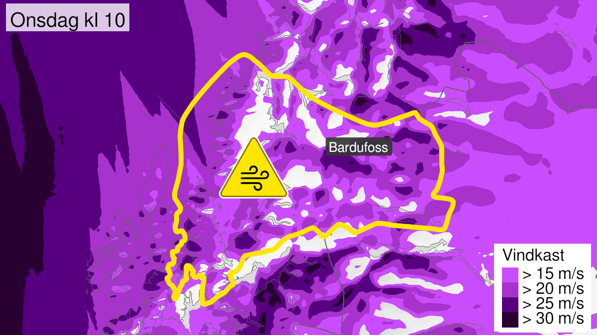 Map of strong wind gusts, yellow level, Sør-Troms, 22 September 05:00 UTC to 22 September 14:00 UTC.