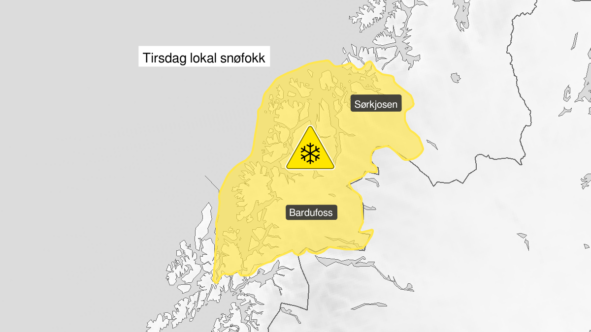 Kart over kraftig snøfokk, gult nivå, Troms, 31 March 14:00 UTC til 31 March 23:00 UTC.