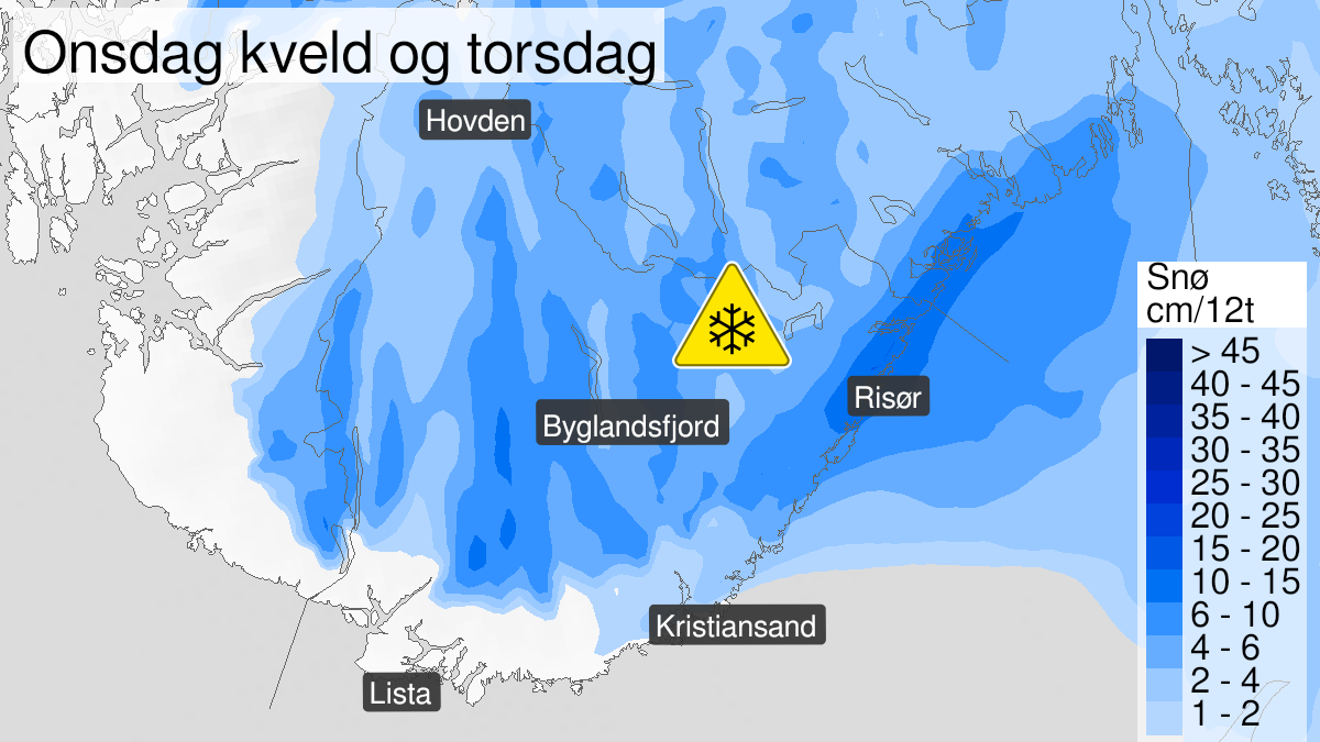 Kart over snø, gult nivå, Agder, 17 February 20:00 UTC til 18 February 14:00 UTC.