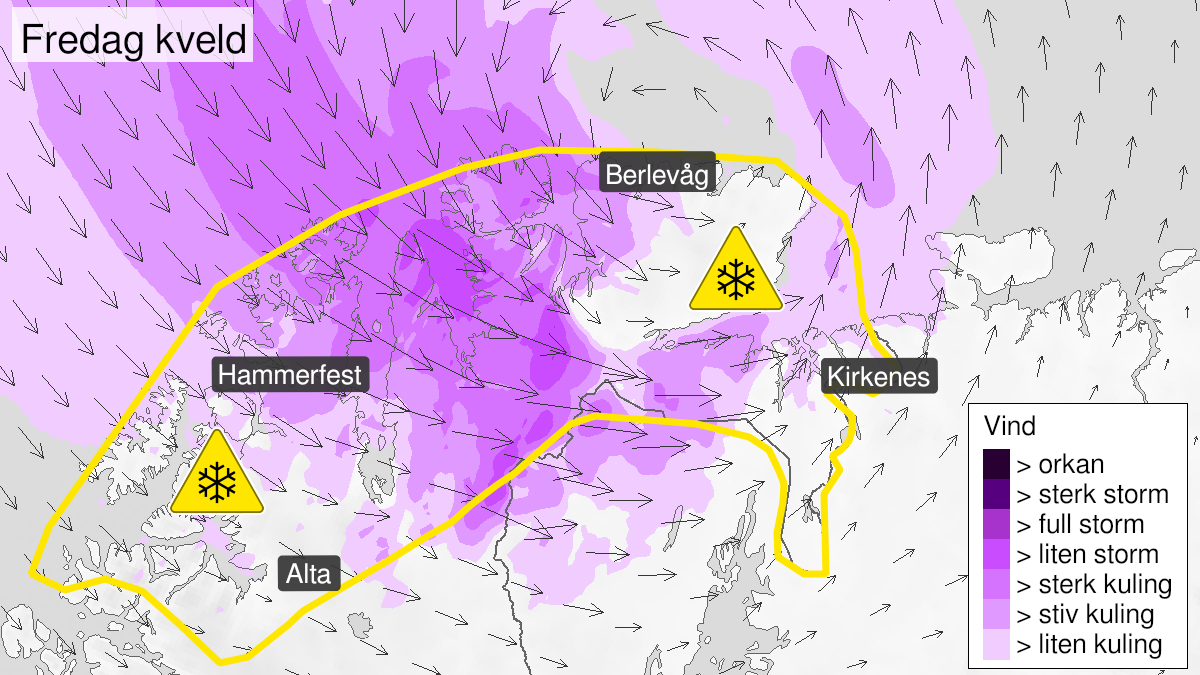 Map of blowing snow, yellow level, Kyst- and fjordstroekene i Finnmark, 30 April 15:00 UTC to 01 May 10:00 UTC.