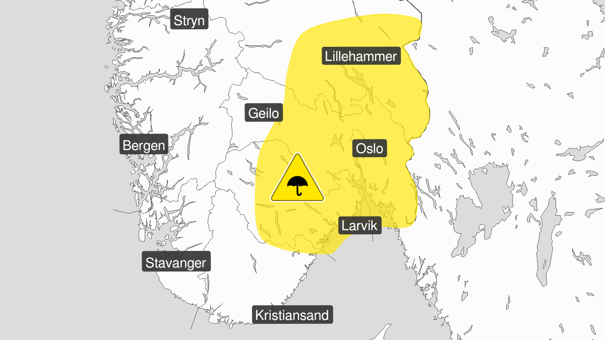 Map over Heavy rain, yellow level, Parts of East Norway, 2023-08-26T06:00:00+00:00, 2023-08-27T07:00:00+00:00