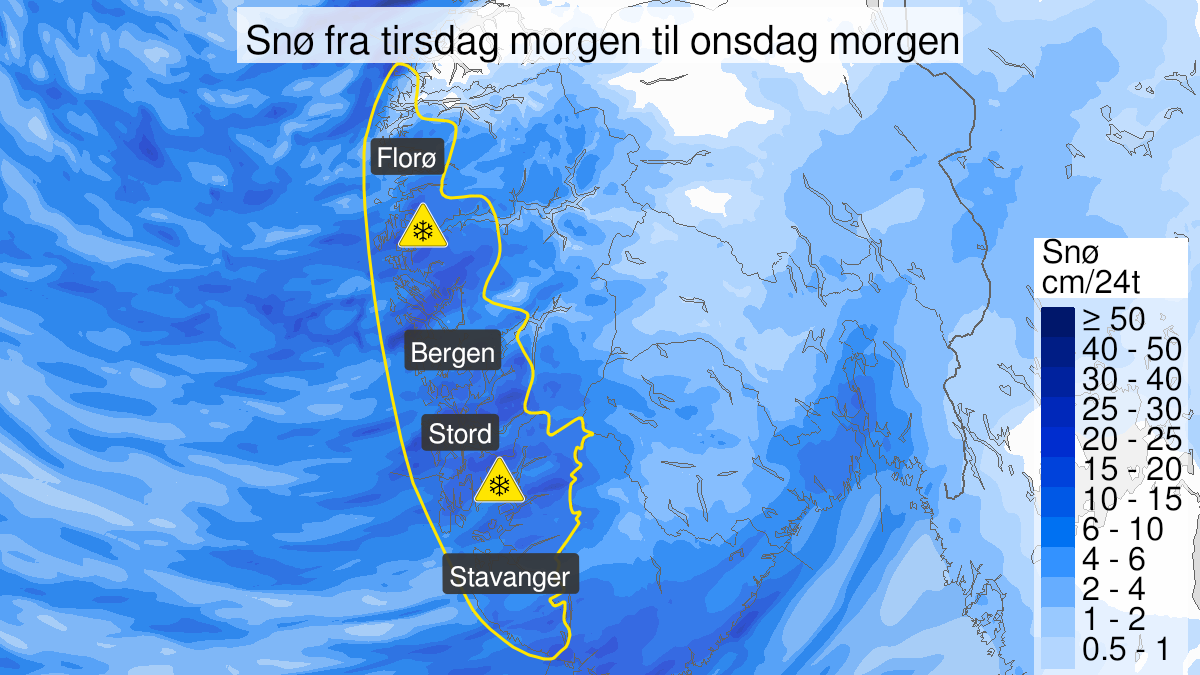 Kart over Snø, gult nivå, Deler av Vestlandet sør for Stad , 2024-01-16T06:00:00+00:00, 2024-01-17T07:00:00+00:00