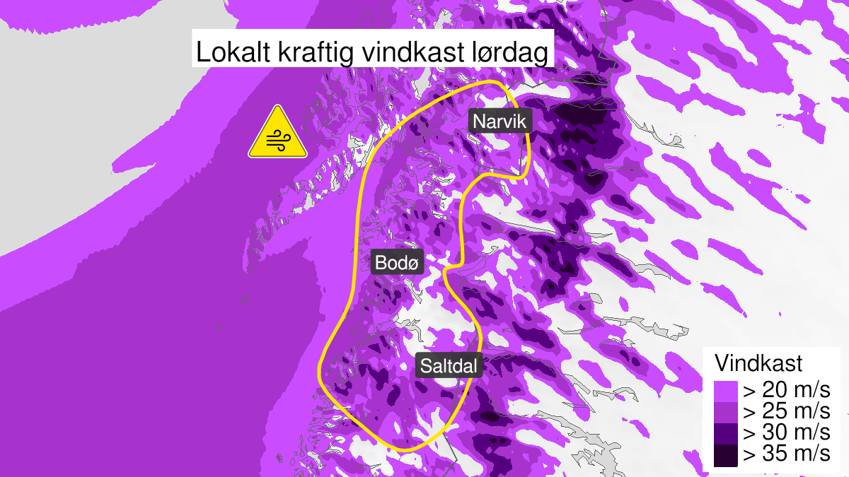 Map of strong wind gusts, yellow level, Saltfjellet, Salten and Ofoten, 19 March 02:00 UTC to 19 March 21:00 UTC.