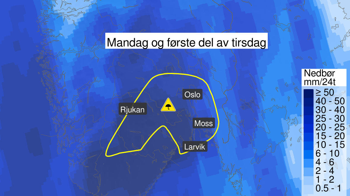 Kart over Mye regn, gult nivå, Deler av Sør- og Østlandet, 2023-09-18T06:00:00+00:00, 2023-09-19T09:00:00+00:00