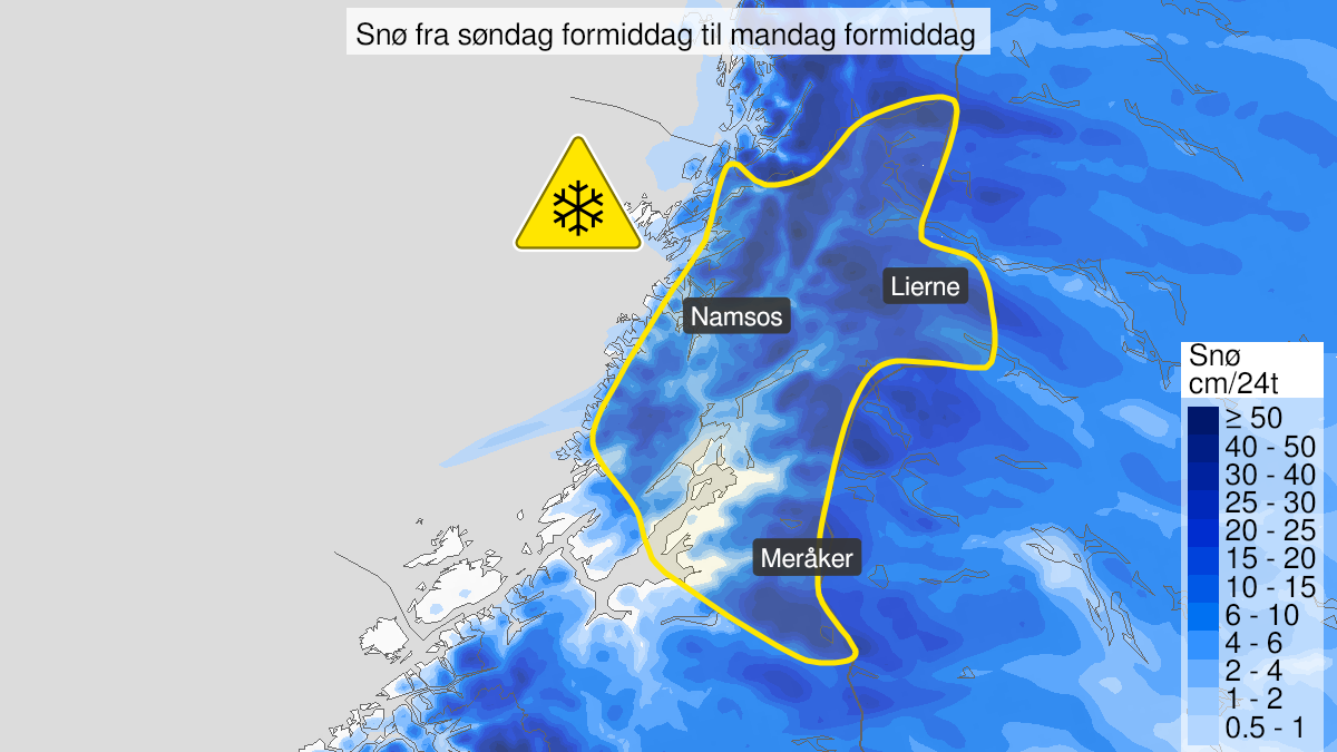 Kart over Snø, gult nivå, Deler av Trøndelag, 2023-01-29T06:00:00+00:00, 2023-01-30T06:00:00+00:00