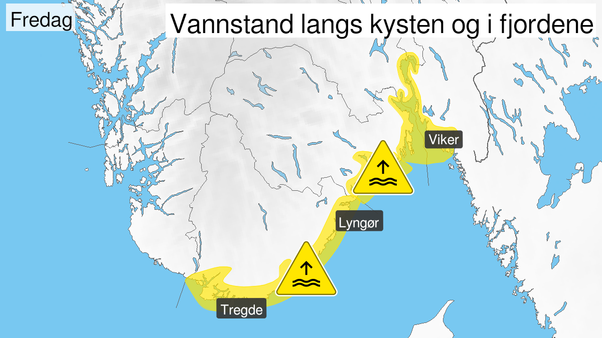 Map over High water level, yellow level, Coast of Vestfold and Telemark, 2023-12-22T10:00:00+00:00, 2023-12-22T14:00:00+00:00