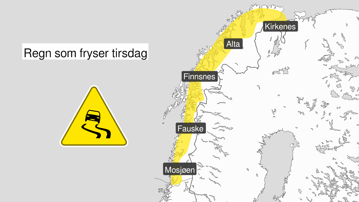 Kart over Is, gult nivå, Fjordstrøkene i Nord-Norge, 2023-11-07T06:15:00+00:00, 2023-11-07T12:00:00+00:00