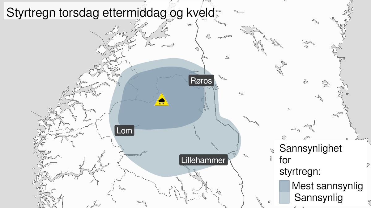Kart over Nedgradert varsel for styrtregn, Deler av Sør-Norge