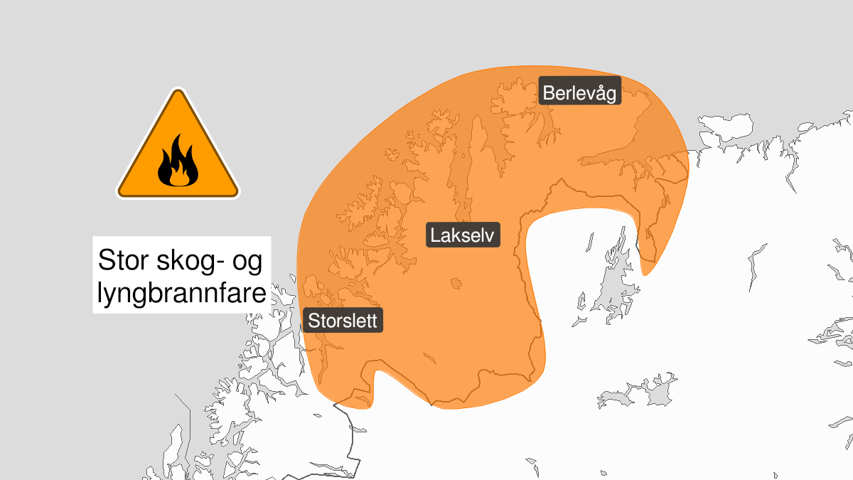 Kart over Stor skogbrannfare, oransje nivå, Troms øst for Lyngsalpan og Finnmark, 2023-07-12T18:00:00+00:00, 2023-07-15T22:00:00+00:00