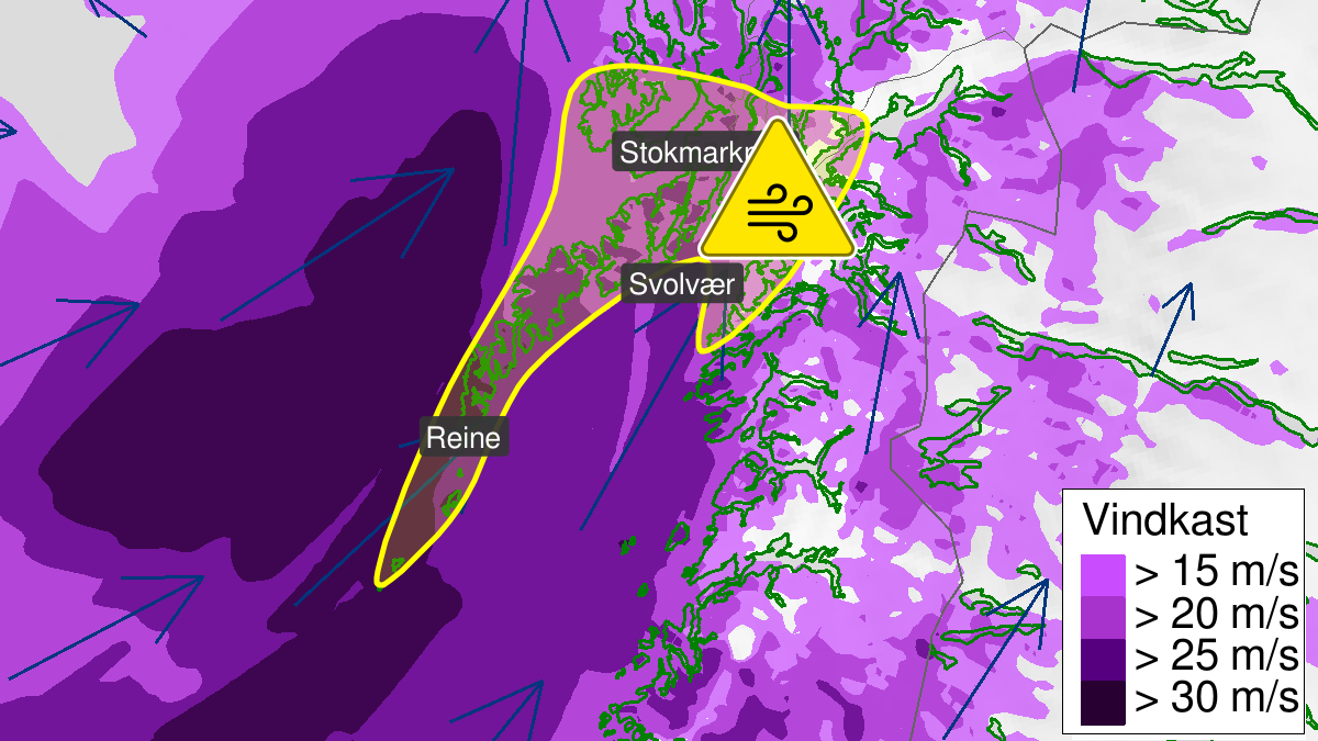 Kraftige vindkast, gult nivå, Salten, Ofoten, Lofoten og Vesterålen, 21 February 22:00 UTC til 22 February 05:00 UTC.