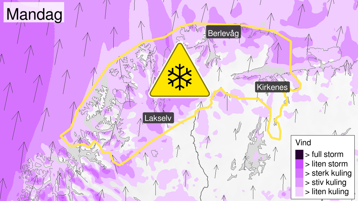 Map of blowing snow, yellow level, Kyst- and fjordstroekene i Finnmark, 23 March 14:00 UTC to 24 March 14:00 UTC.
