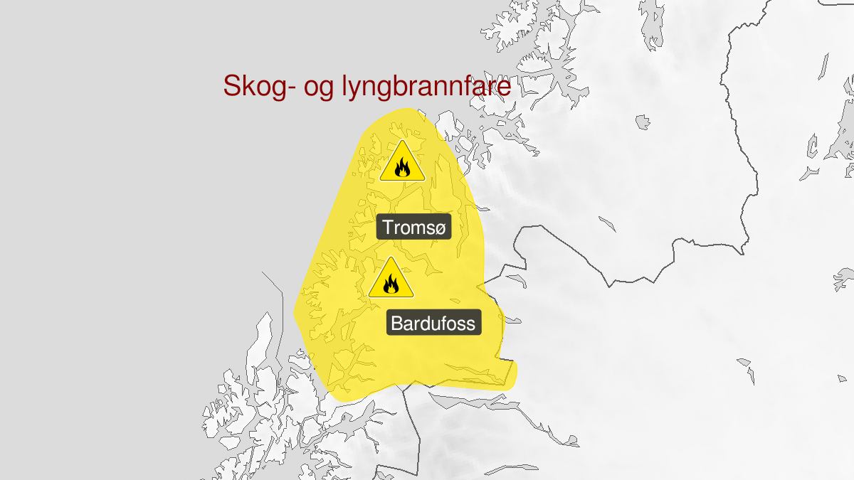 Kart over Skogbrannfare, gult nivå, Deler av Troms , 2023-08-20T09:25:00+00:00, 2023-08-29T15:00:00+00:00