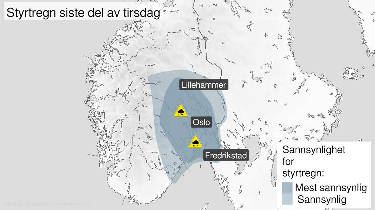 Kart over Styrtregn, gult nivå, Deler av Østlandet og øst i Agder, 2024-05-28T15:00:00+00:00, 2024-05-28T22:00:00+00:00