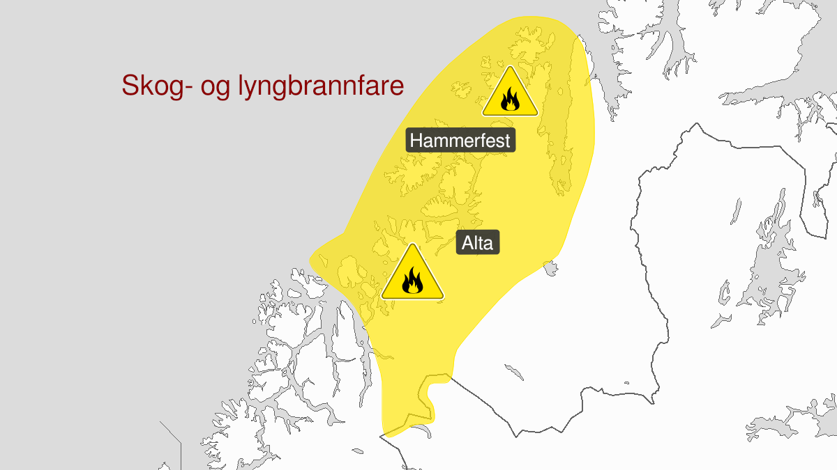 Map over Forest fire danger, yellow level, Parts of Northern-Troms and Western-Finnmark, 2023-08-27T15:00:00+00:00, 2023-08-29T15:00:00+00:00