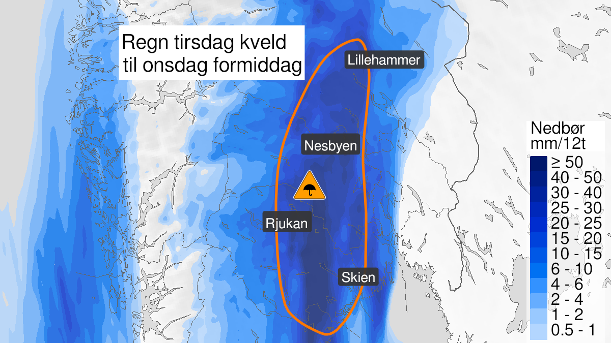 Map over Very heavy rain ongoing, orange level, Parts of East Norway, 2024-09-03T16:00:00+00:00, 2024-09-04T07:00:00+00:00